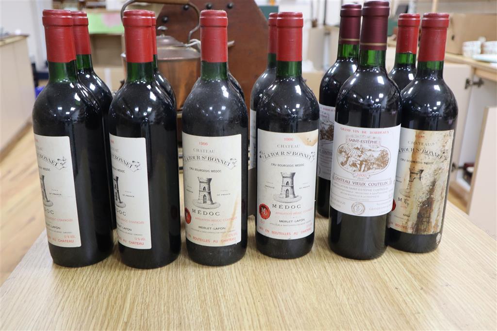 1986 Chateau La Tour St Bonnet Medoc (10 bottles) and 2000 Chateau Vieux Coutelin Saint-Estephe (2 bottles)